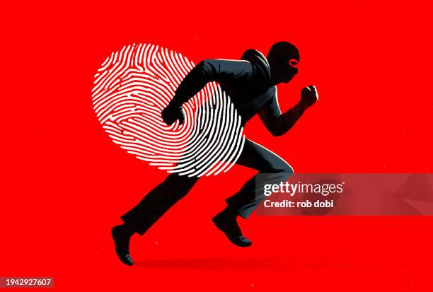 illustration about identity theft with a thief running while carrying a fingerprint - data breach stock pictures, royalty-free photos & images