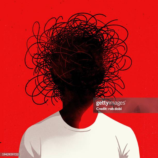 illustration of a man with a messy head made of tangled lines - headache illustration stock pictures, royalty-free photos & images