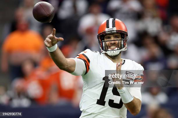 Joe Flacco of the Cleveland Browns throws a pass against the Houston Texans in the AFC Wild Card Playoffs at NRG Stadium on January 13, 2024 in...