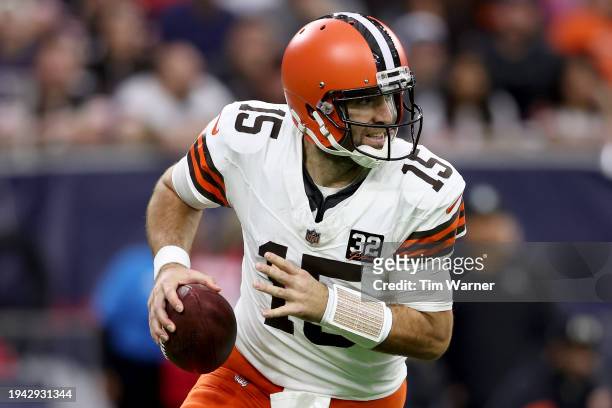 Joe Flacco of the Cleveland Browns scrambles against the Houston Texans in the AFC Wild Card Playoffs at NRG Stadium on January 13, 2024 in Houston,...