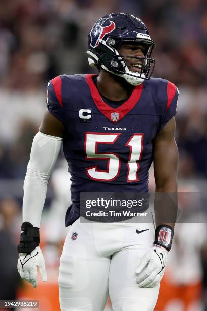 Will Anderson Jr. #51 of the Houston Texans reacts against the Cleveland Browns during the second quarter in the AFC Wild Card Playoffs at NRG...