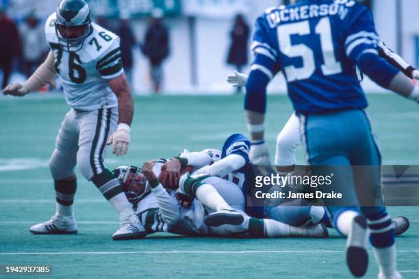 Dallas Cowboys defensive end Harvey Martin sacks Philadelphia Eagles quarterback Ron Jaworski during the NFC Championship Game on January 11, 1981 at...