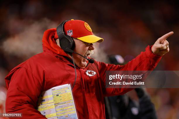 Head coach Andy Reid of the Kansas City Chiefs reacts during the AFC Wild Card Playoffs against the Miami Dolphins at GEHA Field at Arrowhead Stadium...