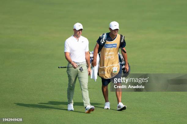 Rory McIlroy of Ireland in action during the 'Hero Dubai Desert Classic' Golf tournament in Dubai, United Arab Emirates on January 21, 2024.