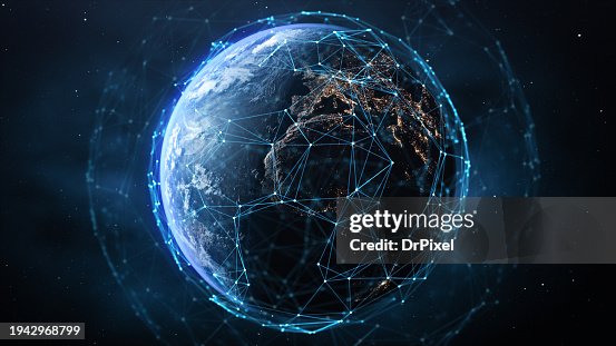 Global Network Concept - Europe & Africa View with Night Cities Lights Global Network Concept - Europe & Africa View with Night Cities Lights