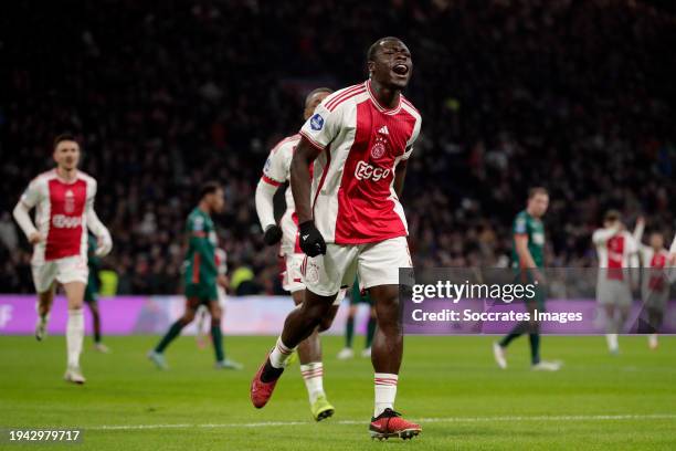 Brian Brobbey of Ajax celebrates 2-1 during the Dutch Eredivisie match between Ajax v RKC Waalwijk at the Johan Cruijff Arena on January 21, 2024 in...
