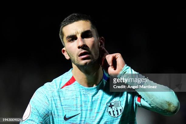 Ferran Torres of FC Barcelona celebrates scoring his team's first goal during the Copa del Rey Round of 16 match between Unionistas and FC Barcelona...
