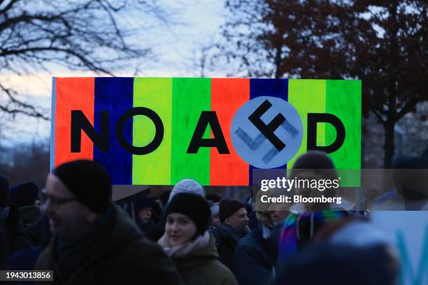 Demonstrators hold a "No AFD" banner during a protest against the Alternative für Deutschland party in Berlin, Germany, on Sunday, Jan. 21, 2023. The...