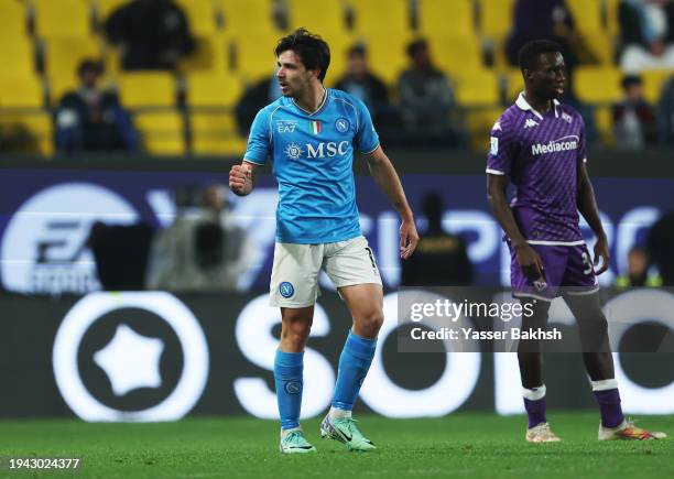 Giovanni Simeone of SSC Napoli celebrates scoring his team's first goal during the Italian EA Sports FC Supercup semifinal match between SSC Napoli...