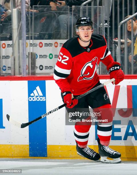 Cal Foote of the New Jersey Devils skates against the Montreal Canadiens at Prudential Center on January 17, 2024 in Newark, New Jersey.