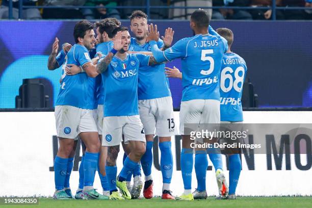 Giovanni Simeone of SSC Napoli celebrates after scoring his team's first goal with team mates during the Italian EA Sports FC Supercup semifinal...