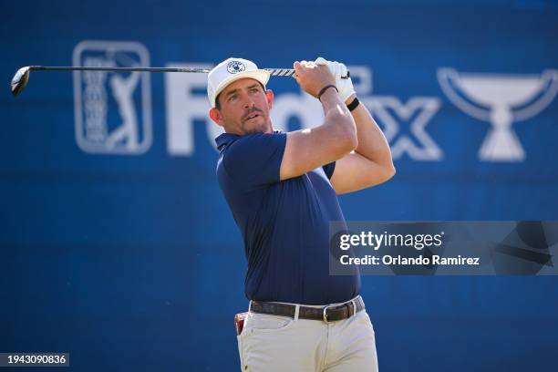 Scott Stallings of the United States hits a tee shot on the tenth hole during the first round of The American Express at Pete Dye Stadium Course on...