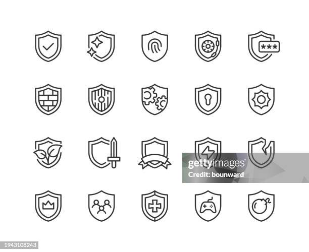 shield line icons editable stroke - schutzschild stock-grafiken, -clipart, -cartoons und -symbole