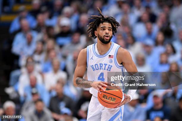 Davis of the North Carolina Tar Heels moves the ball against the Syracuse Orangeduring the game at the Dean E. Smith Center on January 13, 2024 in...