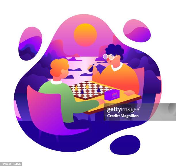two men playing chess, sunset chess harmony, sunset chess duel, landscape vector illustration - gingham table stock illustrations