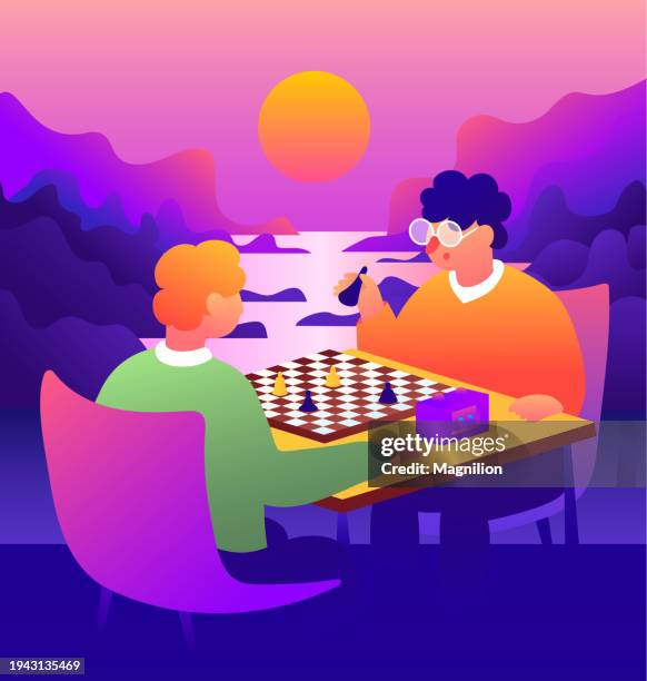 two men playing chess, sunset chess harmony, sunset chess duel, landscape vector illustration - chess stock illustrations