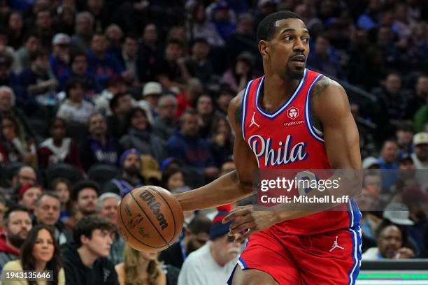 De'Anthony Melton of the Philadelphia 76ers dribbles the ball against the Sacramento Kings at the Wells Fargo Center on January 12, 2024 in...