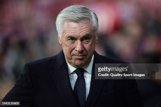 Carlo Ancelotti, Manager of Real Madrid looks on prior to the Copa del Rey Round of 16 match between Atletico de Madrid and Real Madrid at Civitas...