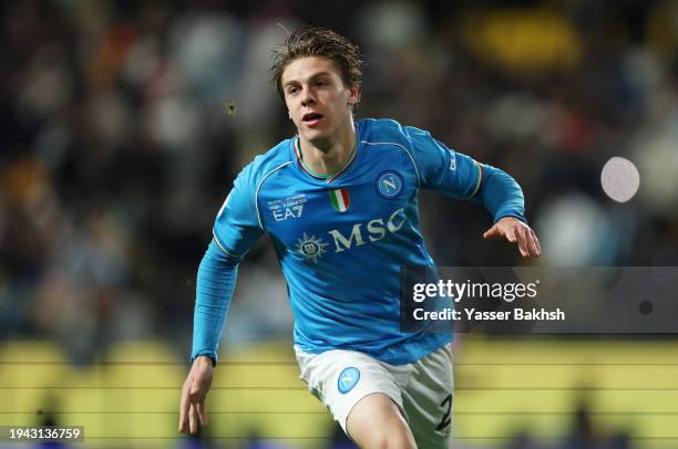 Alessio Zerbin of SSC Napoli celebrates scoring his team's third goal during the Italian EA Sports FC Supercup semifinal match between SSC Napoli and...