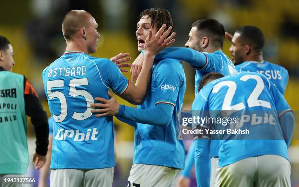 Alessio Zerbin of SSC Napoli celebrates scoring his team's third goal with teammates during the Italian EA Sports FC Supercup semifinal match between...