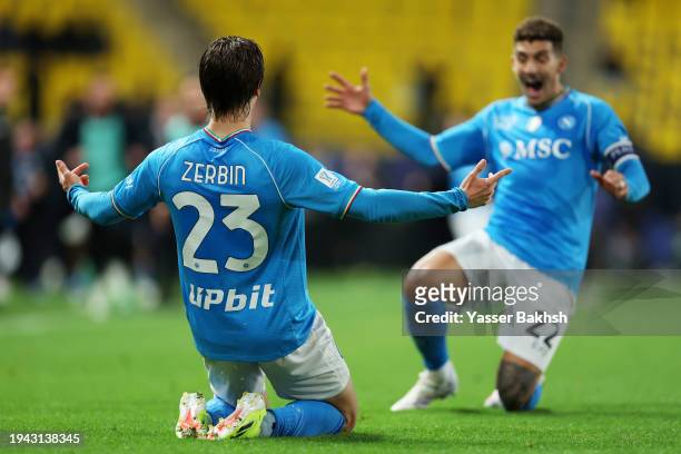 Alessio Zerbin of SSC Napoli celebrates scoring his team's third goal with teammate Giovanni Di Lorenzo during the Italian EA Sports FC Supercup...