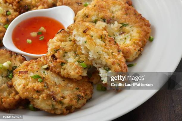 crispy rice fritters - fritter stock pictures, royalty-free photos & images