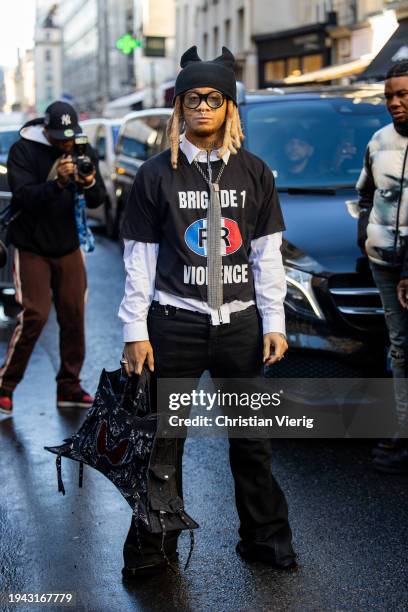 Trippie Redd is seen outside 032c during the Menswear Fall/Winter 2024/2025 as part of Paris Fashion Week on January 18, 2024 in Paris, France.