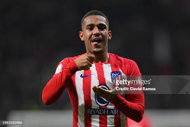 Samuel Lino of Atletico Madrid celebrates scoring his team's first goal during the Copa del Rey Round of 16 match between Atletico Madrid and Real...
