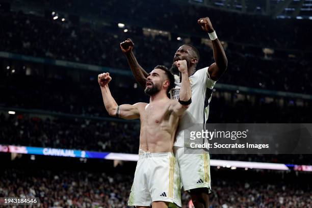 Dani Carvajal of Real Madrid celebrates 3-2 with Antonio Rudiger of Real Madrid during the LaLiga EA Sports match between Real Madrid v UD Almeria at...