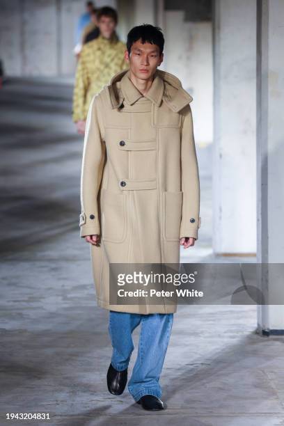 Model walks the runway during the Dries Van Noten Menswear Fall/Winter 2024-2025 show as part of Paris Fashion Week on January 18, 2024 in Paris,...