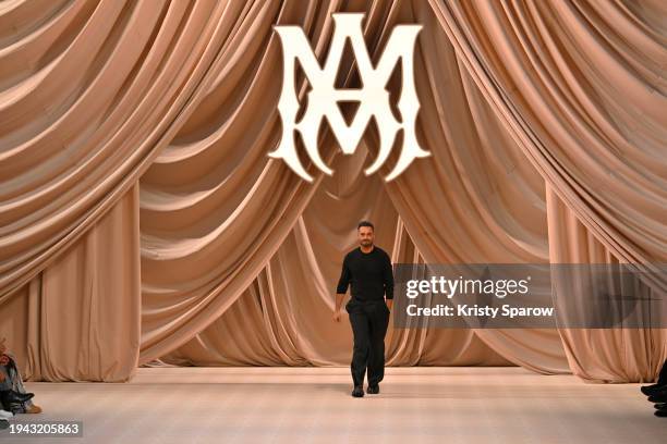 American Fashion Designer, Mike Amiri acknowledges the audience during the Amiri Menswear Fall/Winter 2024-2025 show as part of Paris Fashion Week on...