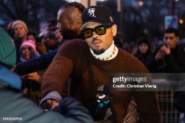 Chris Brown is seen outside Amiri during the Menswear Fall/Winter 2024/2025 as part of Paris Fashion Week on January 18, 2024 in Paris, France.