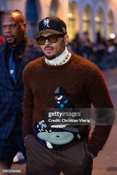 Chris Brown is seen outside Amiri during the Menswear Fall/Winter 2024/2025 as part of Paris Fashion Week on January 18, 2024 in Paris, France.