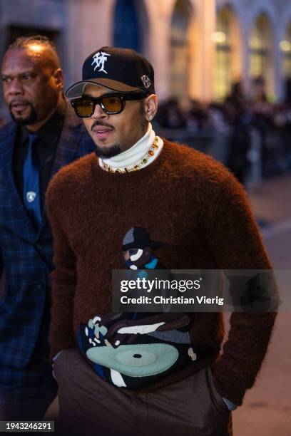 Chris Brown is seen outside Amiri during the Menswear Fall/Winter 2024/2025 as part of Paris Fashion Week on January 18, 2024 in Paris, France.