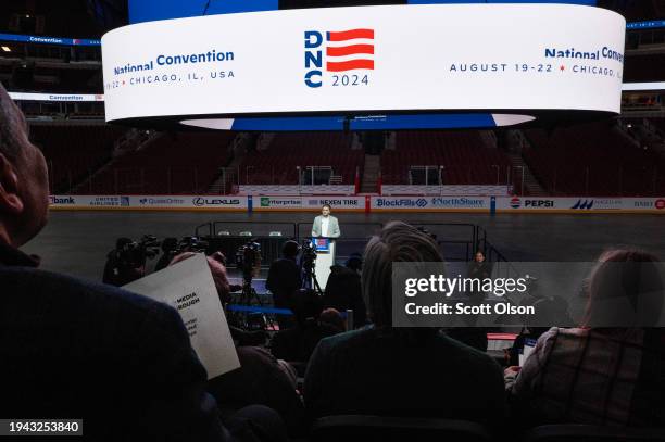 The logo for the Democratic National Convention is displayed on the scoreboard at the United Center during a media walkthrough on January 18, 2024 in...