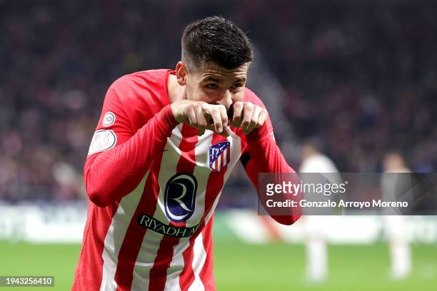 Alvaro Morata of Atletico Madrid celebrates scoring his team's second goal during the Copa del Rey Round of 16 match between Atletico Madrid and Real...