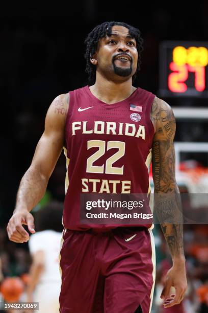 Darin Green Jr. #22 of the Florida State Seminoles looks on during the second half of the game against the Miami Hurricanes at Watsco Center on...