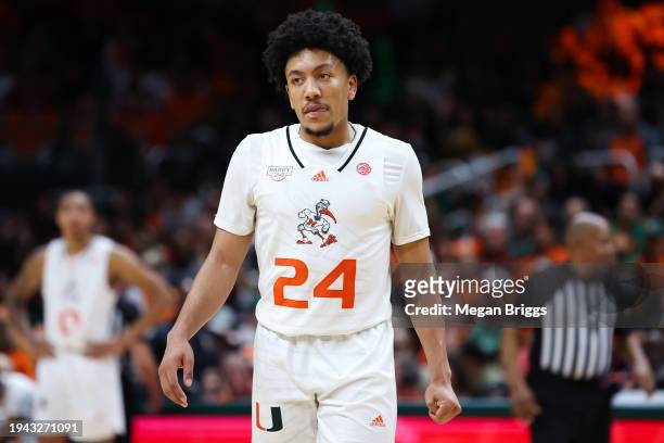 Nijel Pack of the Miami Hurricanes looks on during the second half of the game against the Florida State Seminoles at Watsco Center on January 17,...