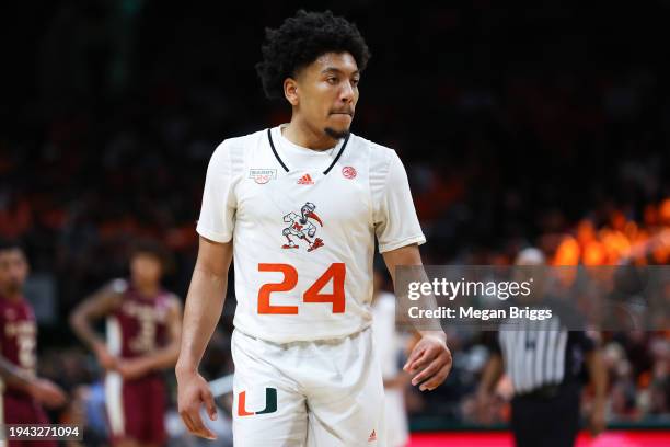 Nijel Pack of the Miami Hurricanes looks on during the second half of the game against the Florida State Seminoles at Watsco Center on January 17,...