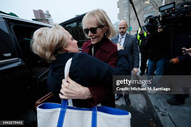 Attorney Roberta Kaplan embraces E. Jean Carroll as they leave Manhattan Federal Court on January 18, 2024 in New York City. Carroll concluded her...