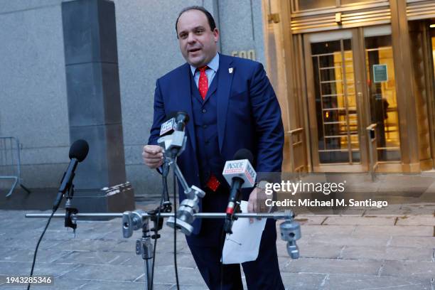 Boris Epshteyn, an aide to former President Donald Trump, makes a statement as he leaves Manhattan Federal Court on January 18, 2024 in New York...