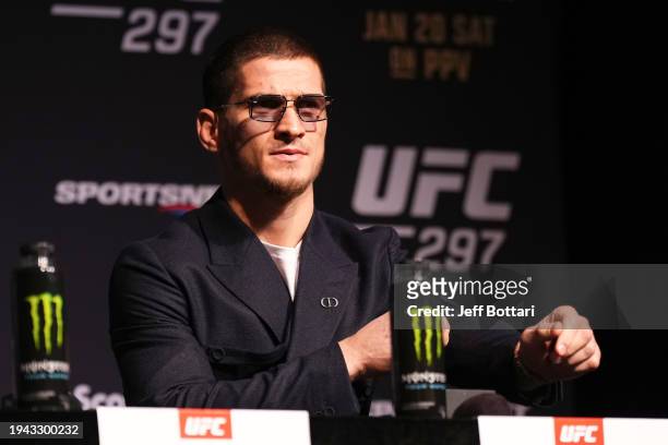 Movsar Evloev of Russia is seen on stage during the UFC 297 press conference at The Elgin and Winter Garden Theatre Centre on January 18, 2024 in...