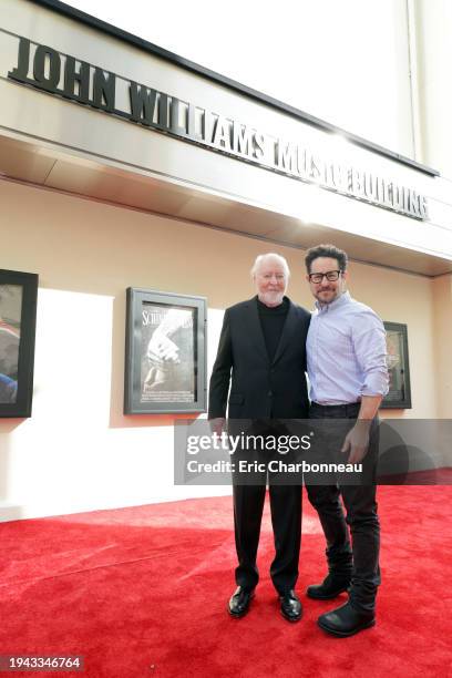John Williams and J.J. Abrams seen at John Williams Music Building Dedication at Sony Pictures Studios on January 18, 2024 in Culver City, California.