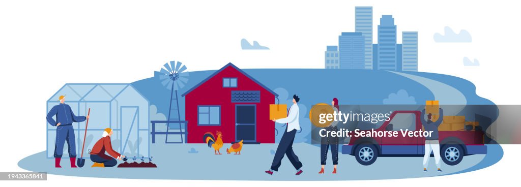 Farmers working on farm with greenhouse, chickens, and windmill, city skyline in background. Two people carrying large coin and box, concept of agriculture profits illustration