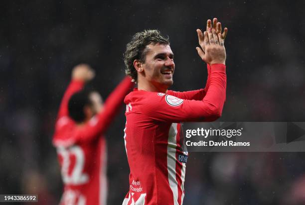 Antoine Griezmann of Atletico Madrid acknowledges the fans after his team's victory in the Copa del Rey Round of 16 match between Atletico Madrid and...