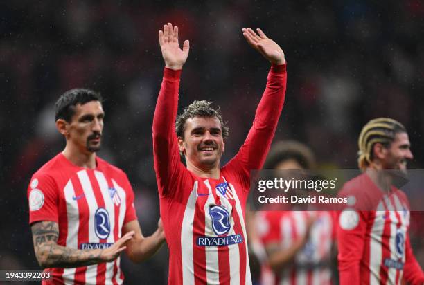 Antoine Griezmann of Atletico Madrid acknowledges the fans after his team's victory in the Copa del Rey Round of 16 match between Atletico Madrid and...