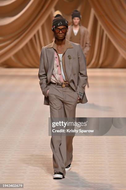 Model walks the runway during the Amiri Menswear Fall/Winter 2024-2025 show as part of Paris Fashion Week on January 18, 2024 in Paris, France.