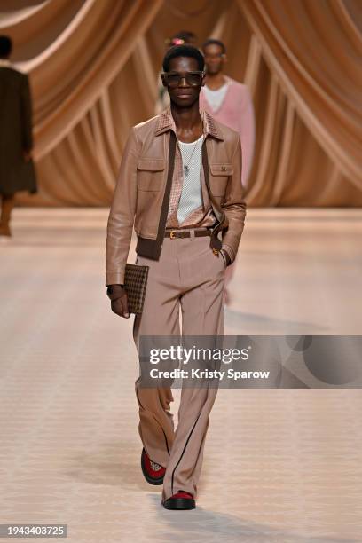 Model walks the runway during the Amiri Menswear Fall/Winter 2024-2025 show as part of Paris Fashion Week on January 18, 2024 in Paris, France.