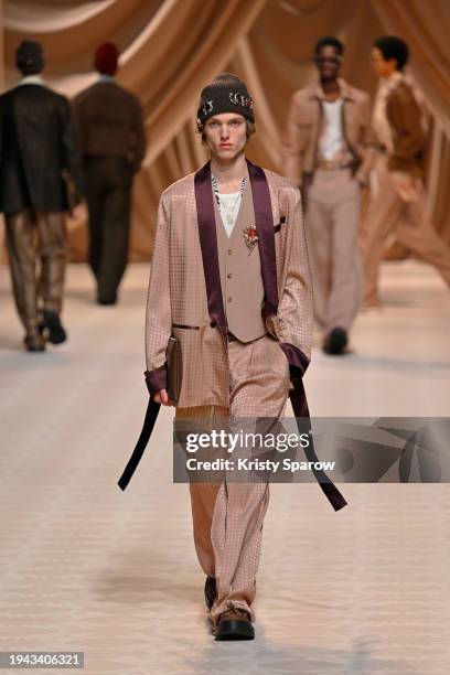 Model walks the runway during the Amiri Menswear Fall/Winter 2024-2025 show as part of Paris Fashion Week on January 18, 2024 in Paris, France.