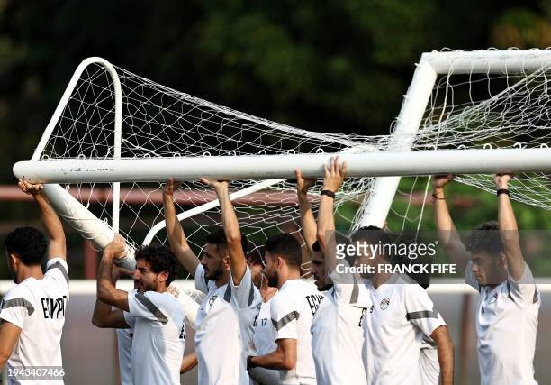 Egypt's players attend a training session at Jardin Botanique stadium in Bingerville, Abidjan on January 21, 2024 on the eve of the Africa Cup of...